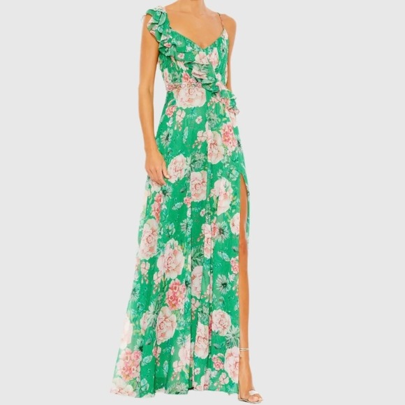 IEENA FOR MAC DUGGAL Floral Print Ruffled Wrap Over A Line Gown in Green Floral - Picture 1 of 13